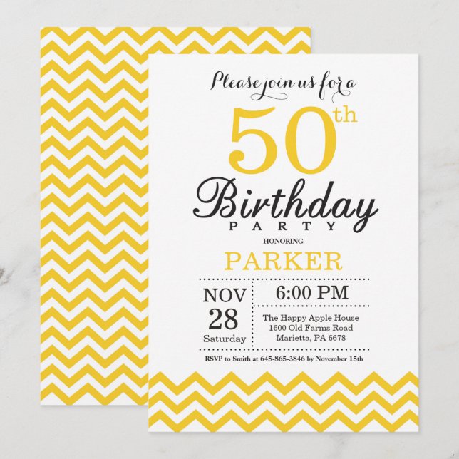 50th Birthday Invitation Yellow Chevron (Front/Back)