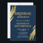 50th birthday invitations Birthday dinner Men Navy<br><div class="desc">Celebrate this landmark milestone with this bold Navy Blue and Gold Birthday Dinner invitation, designed for a man's 50th birthday. Featuring a striking navy background with gold brush strokes and modern typography, this invite sets the perfect tone for an elegant dinner party or surprise event. Fully customisable: add name, date,...</div>