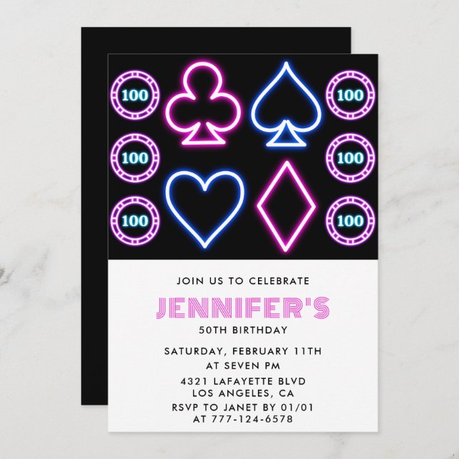 50th birthday invitations Casino theme Poker Girl (Front/Back)