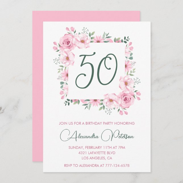 50th birthday invitations Floral Elegant Pink (Front/Back)