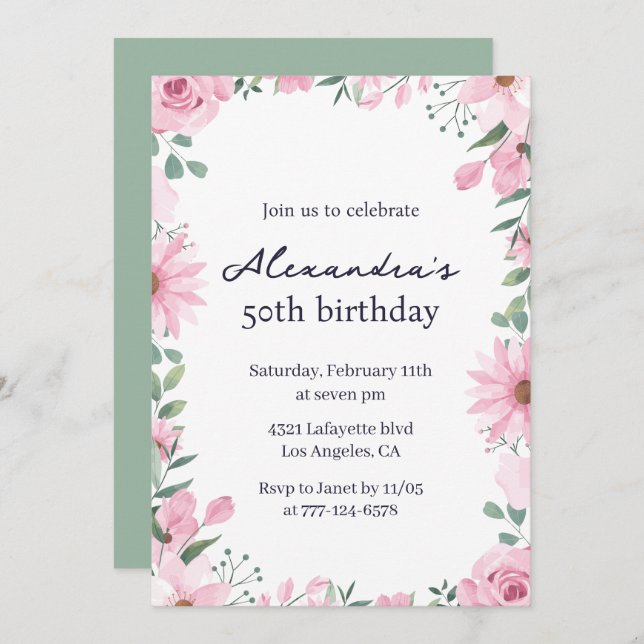 50th birthday invitations Floral Frame Pink Green (Front/Back)