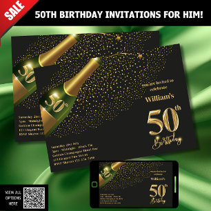 50TH BIRTHDAY INVITATIONS FOR HIM - CHAM[AGNE GOLD