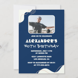 50th birthday invitations Men Photo Simple Blue 