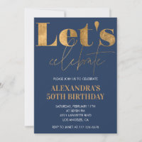 50th birthday invitations Navy Gold Elegant