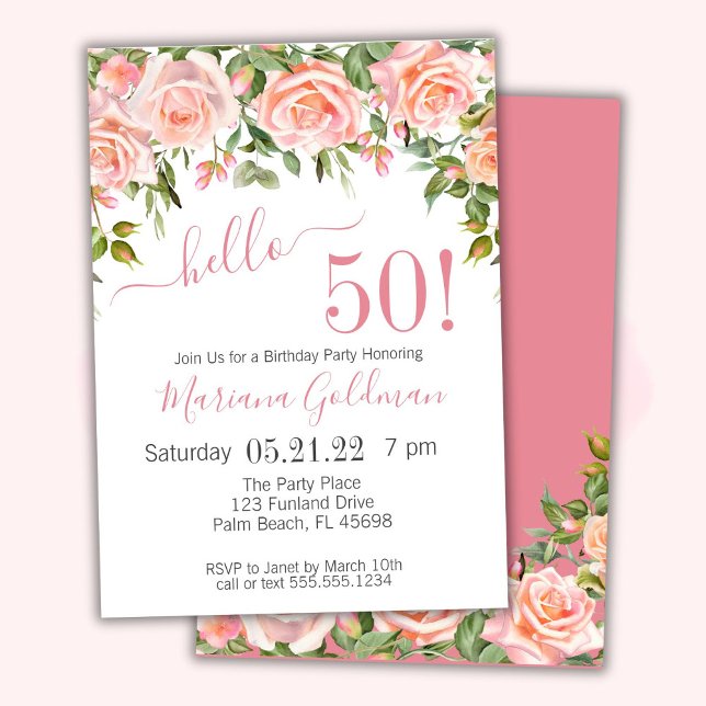 50th Birthday Invitations Pink Floral Modern Party (Creator Uploaded)