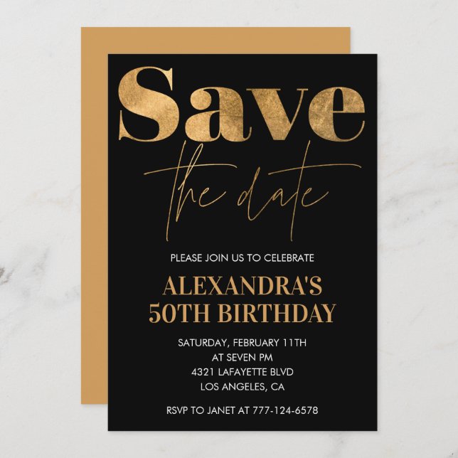 50th birthday invitations Save the date Black Gold (Front/Back)