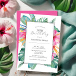 50th Birthday Invitations Tropical<br><div class="desc">These 50th birthday invitations feature tropical flowers and palm leaves in shades of pink, orange and green. Use the template fields to add your custom details. Order printed cards or printable invitations. An elegant choice for tropical themes. To see more designs like this visit www.zazzle.com/dotellabelle Unique watercolor art and design...</div>