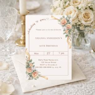 50th birthday ivory cream florals ribbon invitation