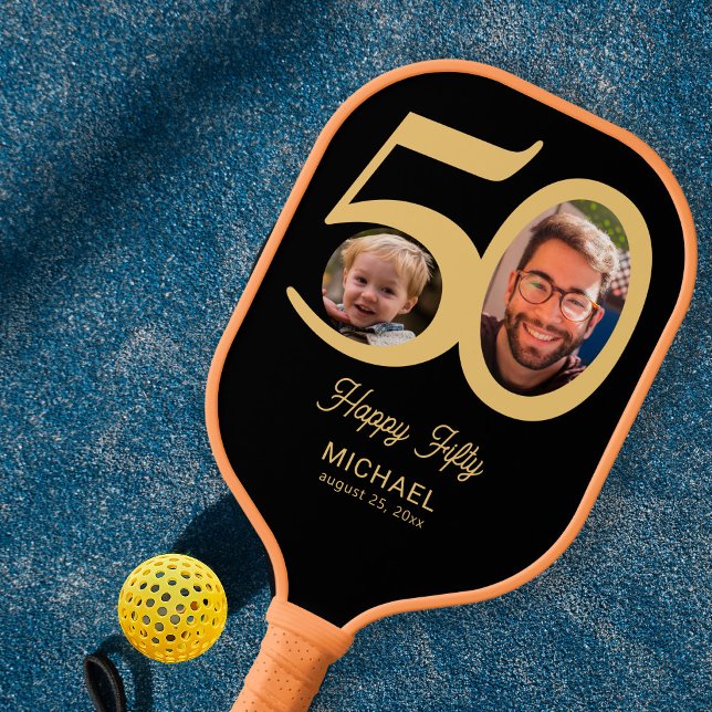 50th birthday keepsake black gold 2 photos name pickleball paddle (Creator Uploaded)