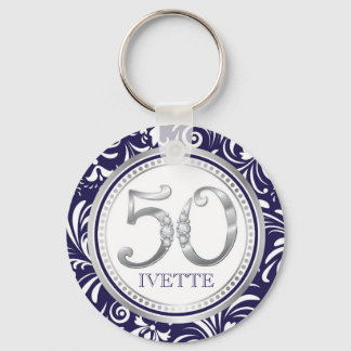 50th Birthday Key Chain-Navy Blue & Silver Ring