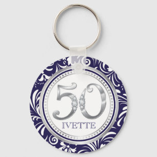 50th Birthday Key Chain-Navy Blue & Silver Ring