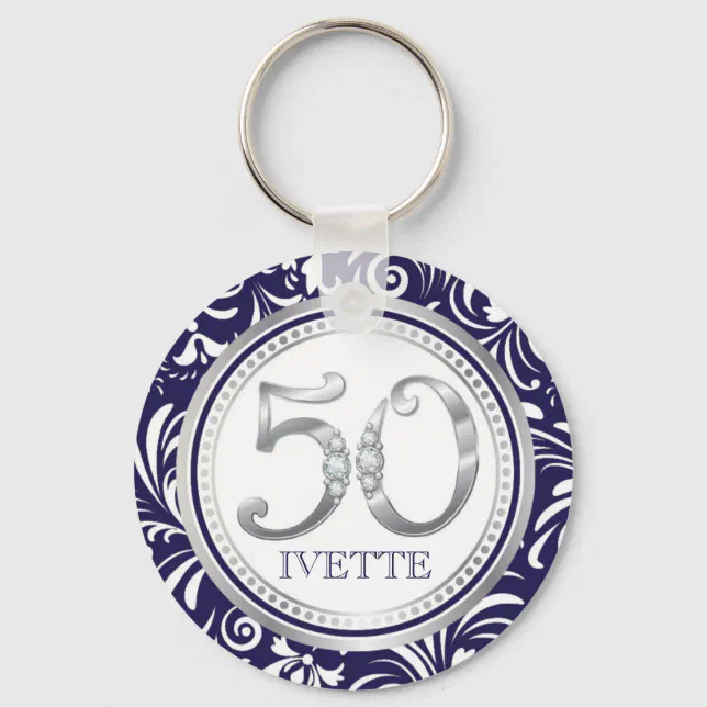 50th Birthday Key Chain-Navy Blue & Silver Ring | Zazzle