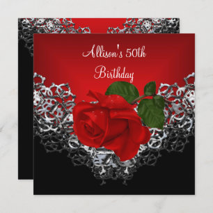 50th Birthday Lace Black Silver Deep RED Rose Invitation