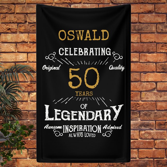 50th Birthday Legendary Black Gold Retro Banner (A personalized 50th birthday classic party banner for that special birthday turning 50.)