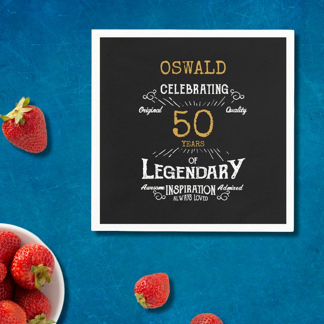 50th Birthday Legendary Black Gold Retro Napkin (For those celebrating their 50th birthday we have the ideal birthday party napkins)