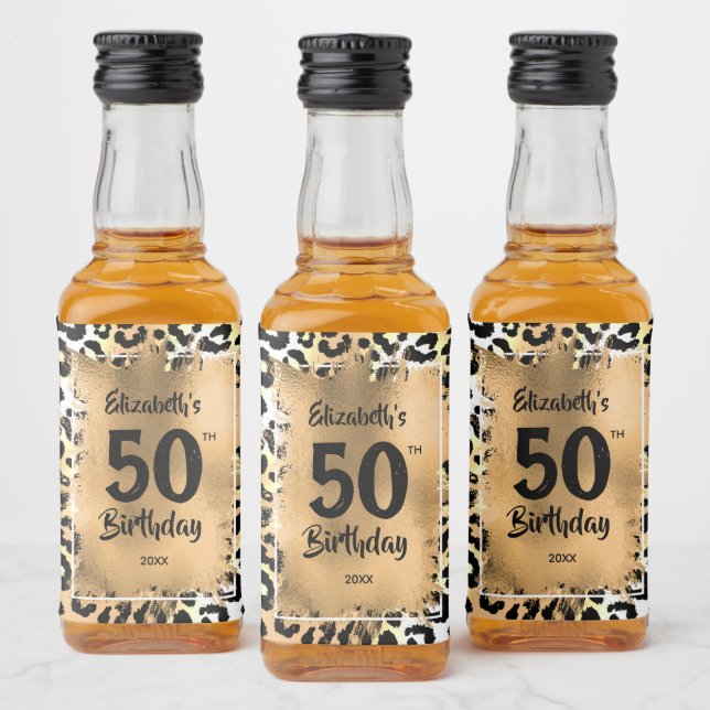 50th Birthday Leopard Mini Gold Custom Liquor Bottle Label (Bottles)