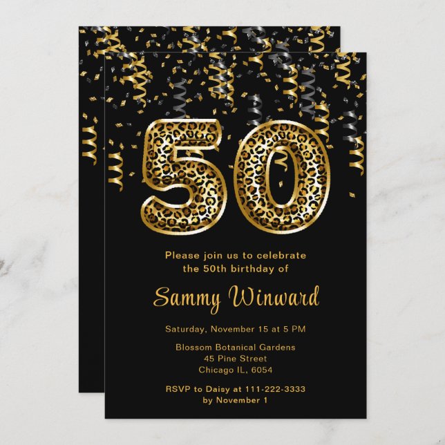 50th Birthday Leopard Print Balloons with Confetti Invitation (Front/Back)