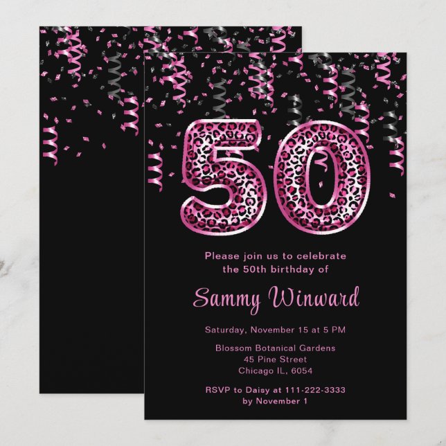 50th Birthday Leopard Print Balloons with Confetti Invitation (Front/Back)