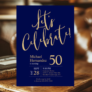 50th Birthday Let's Celebrate Navy Blue Gold Photo Invitation