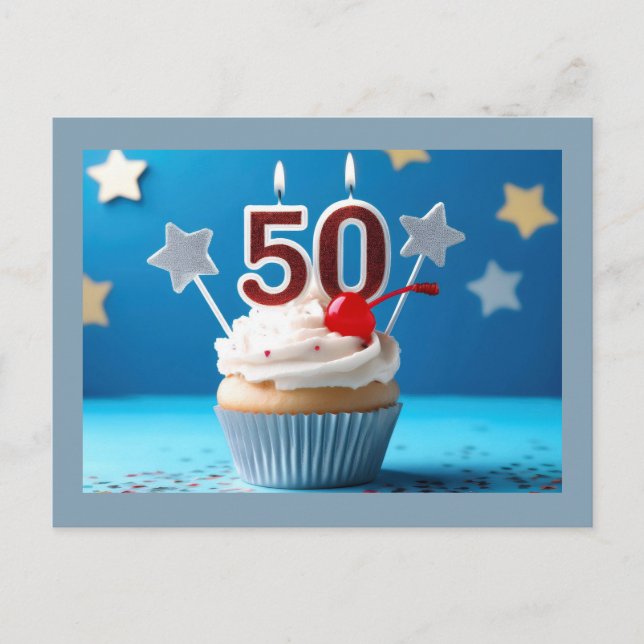 50th Birthday Lighted Candles Cupcake Personalised Postcard (Front)