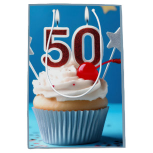 50th Birthday Lighted Candles Cupcake Star Studded Medium Gift Bag