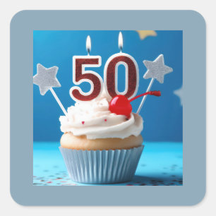 50th Birthday Lighted Candles Cupcake Star Studded Square Sticker