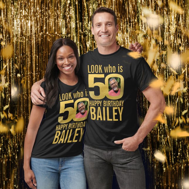 50th birthday look 50 custom gold photo and name T-Shirt (Creator Uploaded)