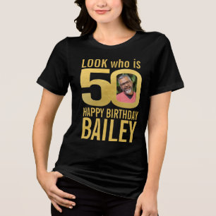 50th birthday look 50 custom gold photo name lady Tri-Blend shirt