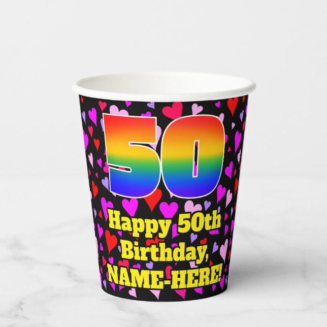 50th Birthday: Loving Hearts Pattern, Rainbow 50 Paper Cups (Back)