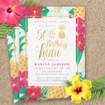 50th Birthday Luau Invitations | Pink & Gold<br><div class="desc">Pink & gold 50th birthday luau invitations with fun,  pretty tropical flowers and pineapples,  with gold accents. Perfect for a luau themed fiftieth birthday bash!</div>