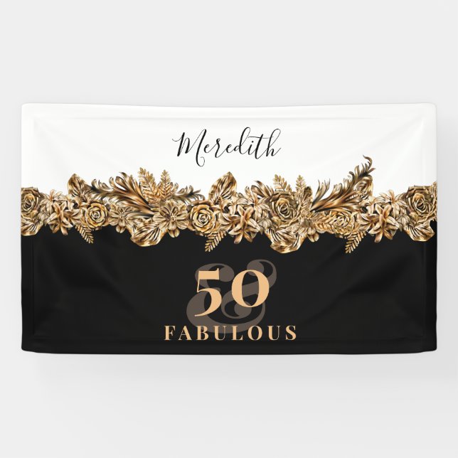 50th Birthday Luxury Golden Flowers Elegant Classy Banner (Horizontal)