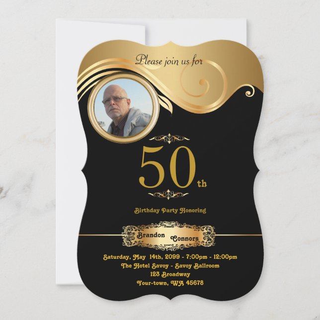 50th,Birthday Man any age, art deco, black gold Invitation (Front)