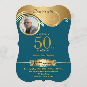 50th,Birthday Man any age, art deco,Green gold Invitation