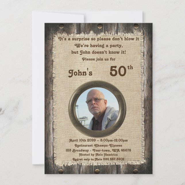 50th,Birthday man, any age,wood,rustic Invitation (Front)
