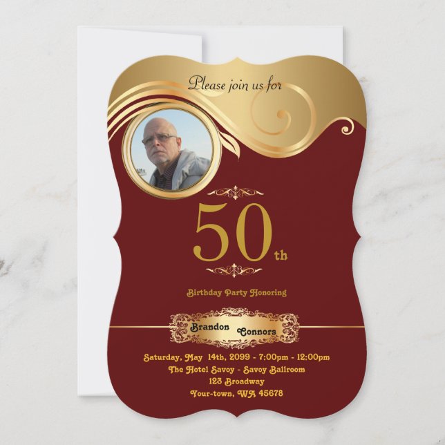 50th,Birthday Man anyage, art deco,Bordeaux gold Invitation (Front)