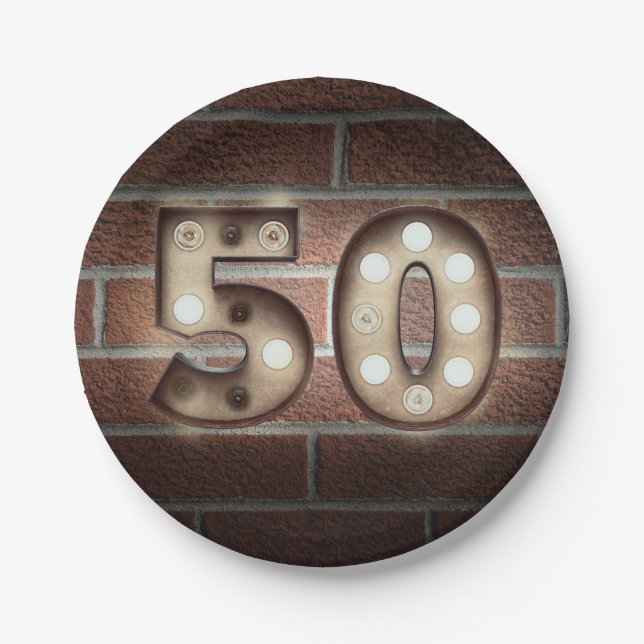 50th birthday marquee sign on brick wall paper plate (Front)