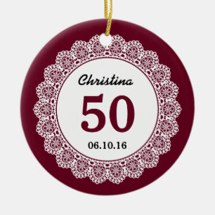 50th Birthday Memento Wine Red White Lace L34D Ceramic Ornament