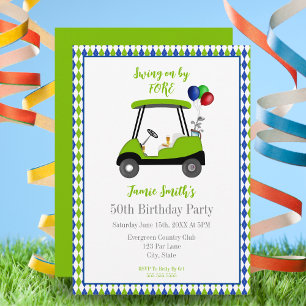50th Birthday Men's Golf Cart Elegant Invitation