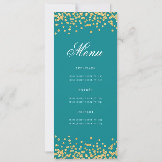 50th Birthday Menu Gold Confetti Teal  Invitation (Back)