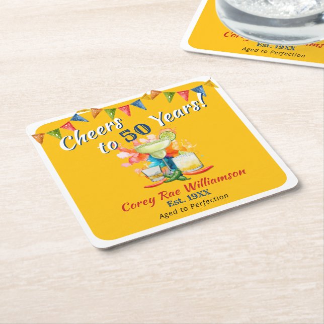 50th Birthday Mexican Fiesta Cheers to 50 Years  Square Paper Coaster (Angled)