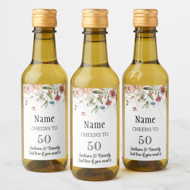 50th Birthday Mini Still Life Floral Drop Wine Label (Bottles)