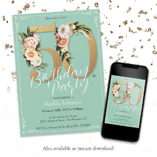 50th Birthday Mint Gold Floral Vintage Glamourous Invitation