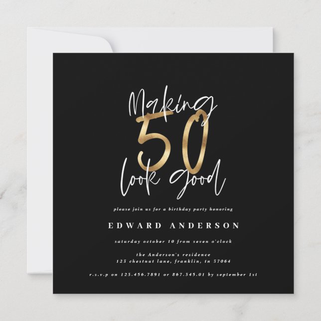 50th birthday modern black and gold photo collage (Back)