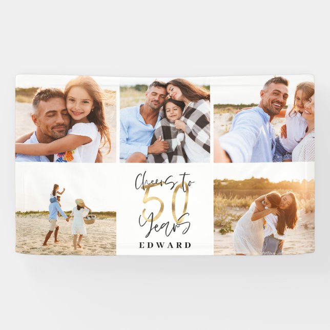 50th birthday modern black and gold photo collage banner (Horizontal)
