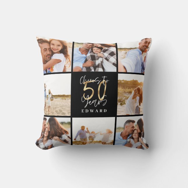 50th birthday modern black and gold photo collage cushion (Front)