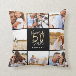 50th birthday modern black and gold photo collage cushion