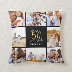 50th birthday modern black and gold photo collage cushion