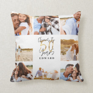 50th birthday modern black and gold photo collage cushion
