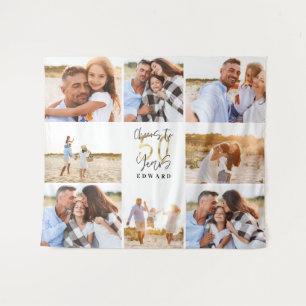 50th birthday modern black and gold photo collage tapestry