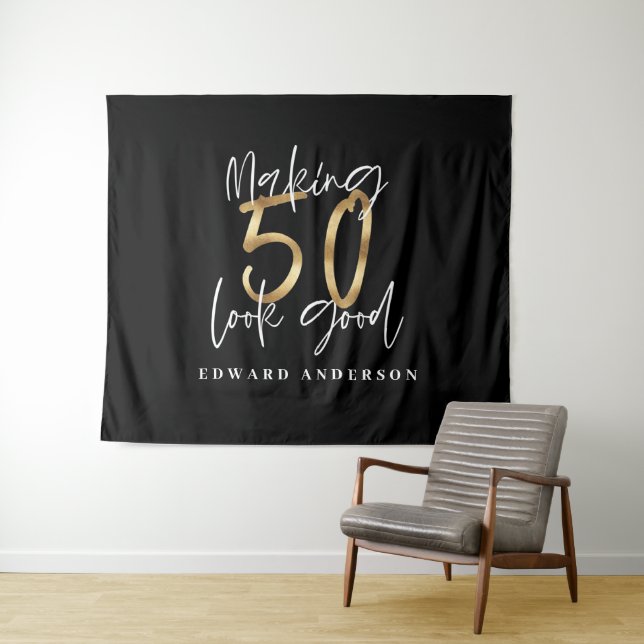50th birthday modern black and gold stylish tapestry (In Situ (Horizontal))